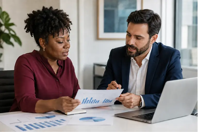 Advisor and business owner reviewing financial statements