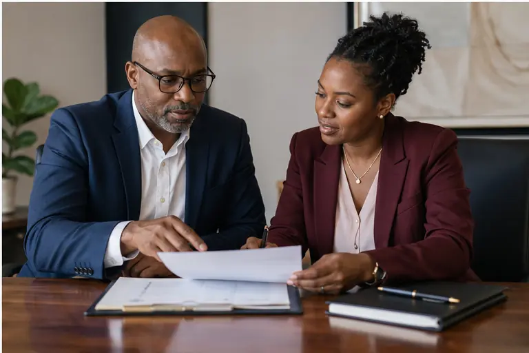 Attorney reviewing an agreement with a business owner